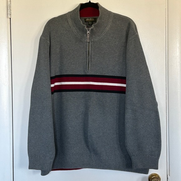 Eddie Bauer NWOT Men's Gray‎ Stripe Quarter Zip Pullover Cotton Sweater Sz 3XL - Picture 1 of 7